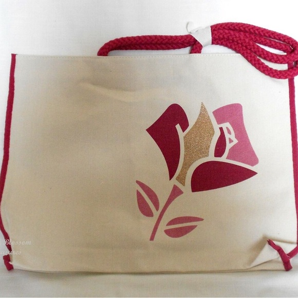 Lancome Paris Off-White & Pink Canvas Tote Bag with Gold & Pink Rose Logo - NEW! - Picture 9 of 11